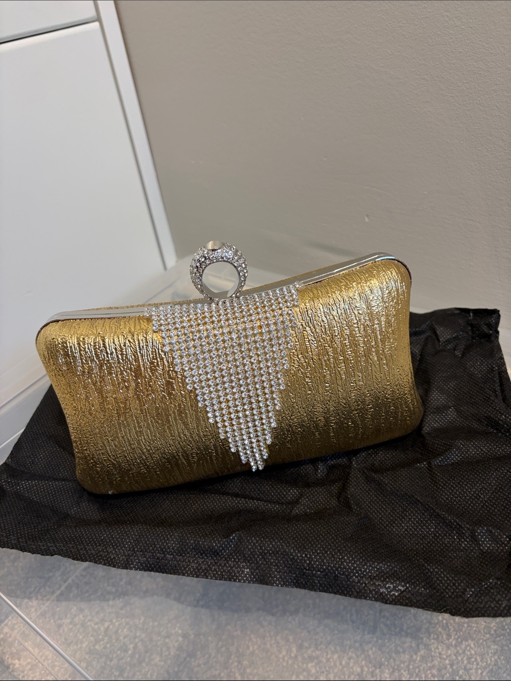 Gold Rhinestone Triangle-Accent Evening Clutch with Crystal Ring Handle